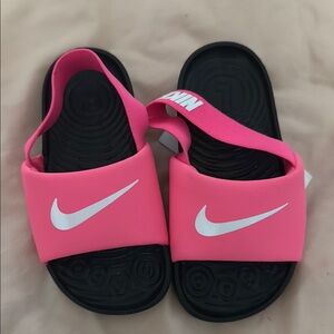 Nike Pink and Black Slides with White Logo